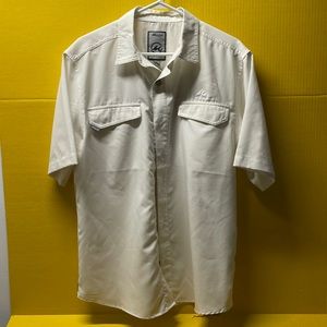 Mojo Sportswear Co white short sleeve button shirt, size Large. Two pockets